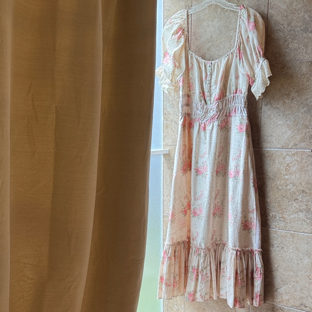 LoveShackFancy Terrence Dress 100% Silk - Pockets Ruffle Hem Puff Sleeve Eyelet - Picture 7 of 17